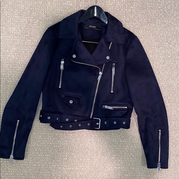 Navy suede cropped bomber jacket w silver hardware - Picture 6 of 8